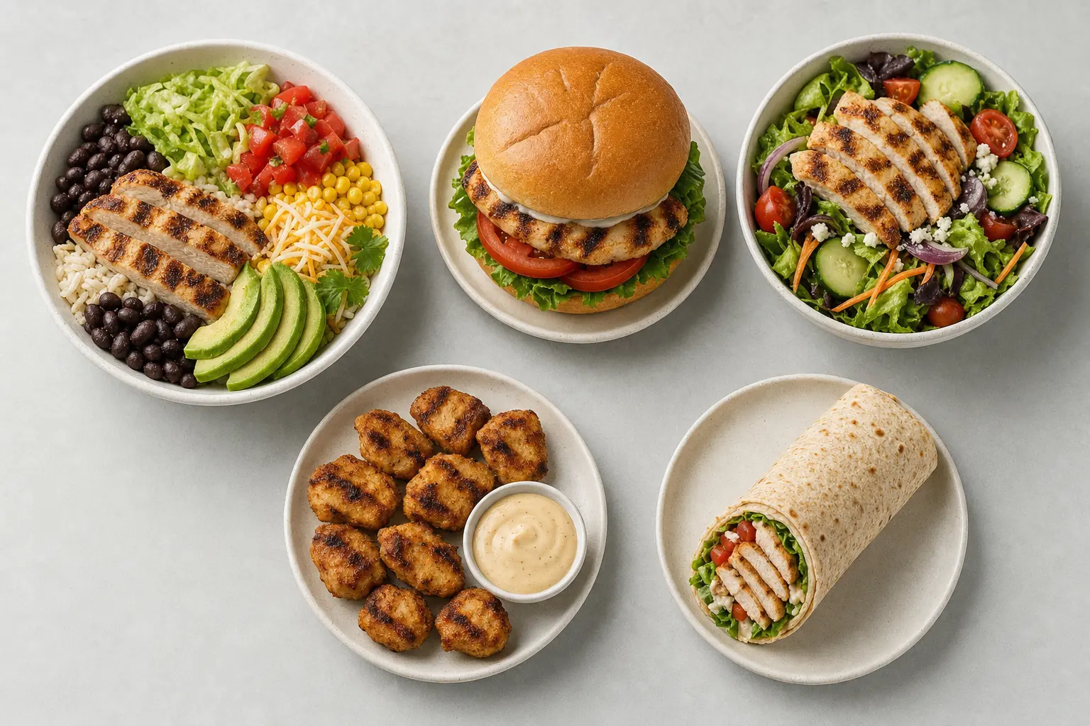 An assortment of healthy fast-food meals with their macros tracked in MacroBite